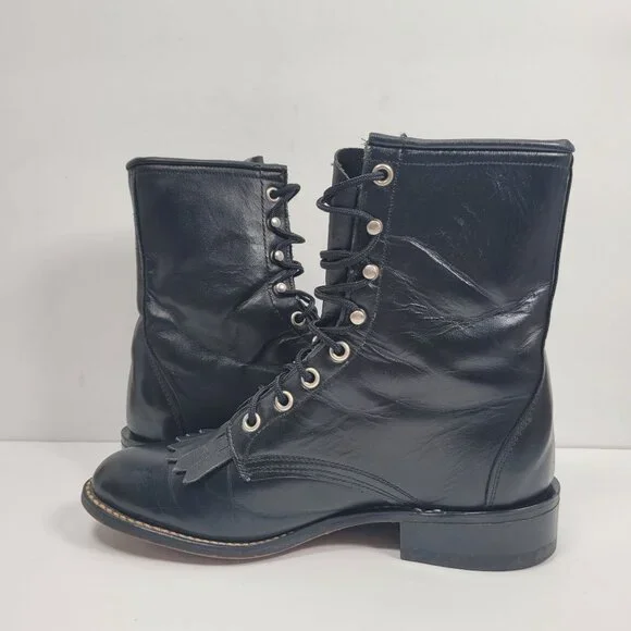 Laredo Kilte Roper Women's Black Leather Lace up Western Boots US Size 7M - Picture 6 of 12